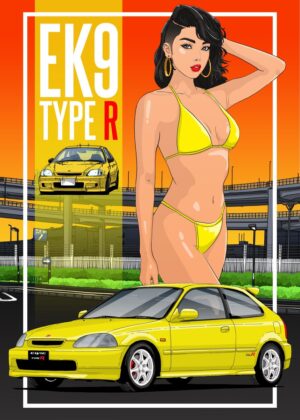 Honda Civic Type R EK9 JDM Anime Girl Art Print - Premium Wooden Framed Poster. Ready to Hang.