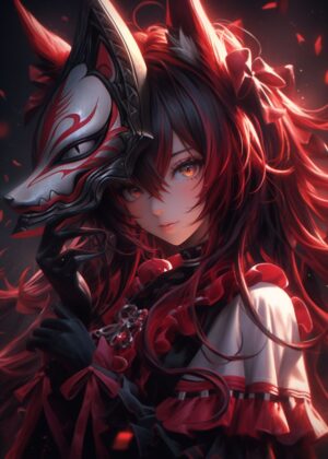 Crimson Kitsune: Anime Samurai Assassin Art Print - Premium Wooden Framed Poster. Ready to Hang.