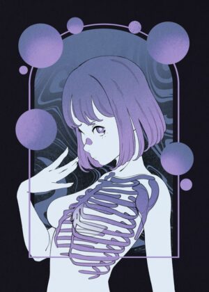 Ethereal Anime Girl with Purple Ribs Art Print - Premium Wooden Framed Poster. Ready to Hang.