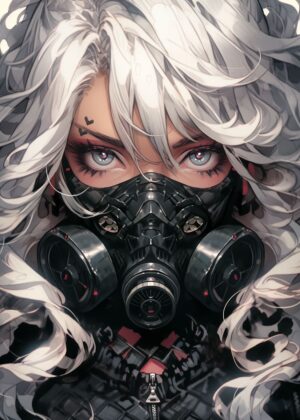 Cyberpunk Anime Girl with Gas Mask - Premium Wooden Framed Poster. Ready to Hang.
