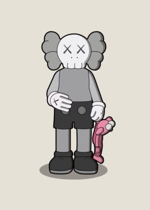 KAWS Companion Figure: Minimalist Grey and Pink Artwork - Premium Wooden Framed Poster. Ready to Hang.