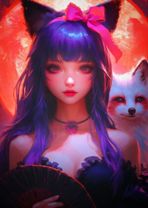 Sweet Anime Cat Girl: A Mystical Moonlit Portrait - Premium Wooden Framed Poster. Ready to Hang.