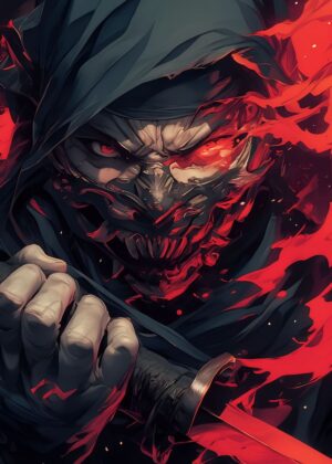 Crimson Fury: A Red Ninja Warrior Artwork - Premium Wooden Framed Poster. Ready to Hang.