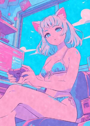 Anime Gamer Girl: Summer Vibes - Premium Wooden Framed Poster. Ready to Hang.