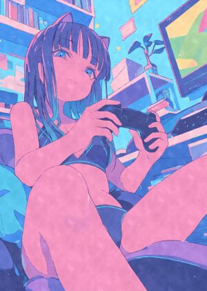 Anime Cat Girl Gamer Art Print - Premium Wooden Framed Poster. Ready to Hang.