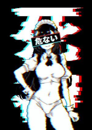 Abunai Anime Maid Glitch Art - Premium Wooden Framed Poster. Ready to Hang.