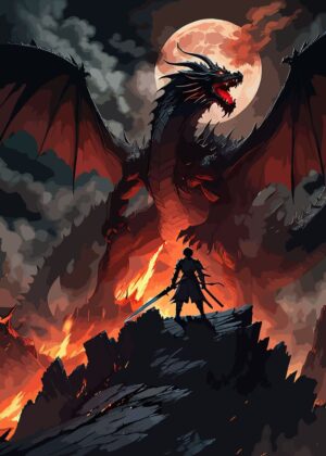 Dragon's Peril: Anime-Style Fantasy Art - Premium Wooden Framed Poster. Ready to Hang.