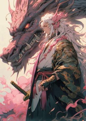 Samurai and Dragon Anime Art Print - Premium Wooden Framed Poster. Ready to Hang.
