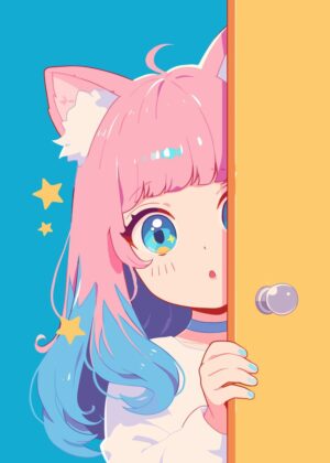 Kawaii Anime Girl Peeking - Premium Wooden Framed Poster. Ready to Hang.