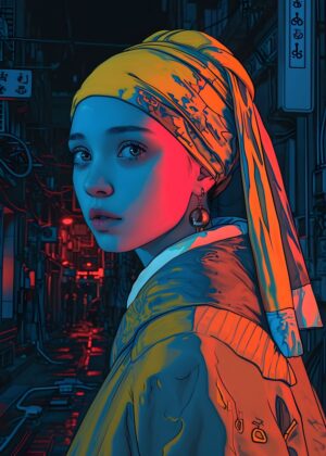Neon Geisha Glow Girl: Cyberpunk Art Print - Premium Wooden Framed Poster. Ready to Hang.