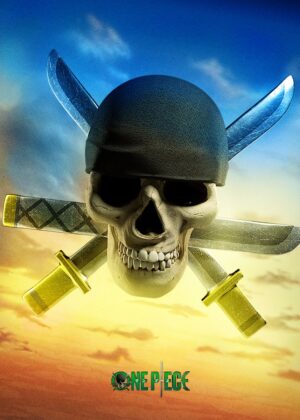 Zoro Skull: One Piece Artwork - Premium Wooden Framed Poster. Ready to Hang.