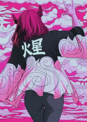 Pink Flame Girl: Japanese Inspired Digital Art Print - Premium Wooden Framed Poster. Ready to Hang.