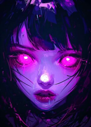 Neon Purple Anime Girl Art Print - Premium Wooden Framed Poster. Ready to Hang.