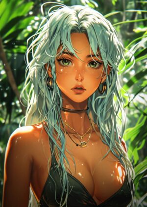 Stunning Anime Girl in Lush Tropical Setting - Premium Wooden Framed Poster. Ready to Hang.