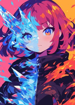 Fire vs Ice: Anime Girl Art Print - Premium Wooden Framed Poster. Ready to Hang.