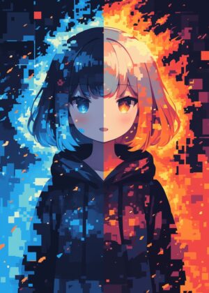 Fire vs. Ice: Anime Girl Digital Art Print - Premium Wooden Framed Poster. Ready to Hang.