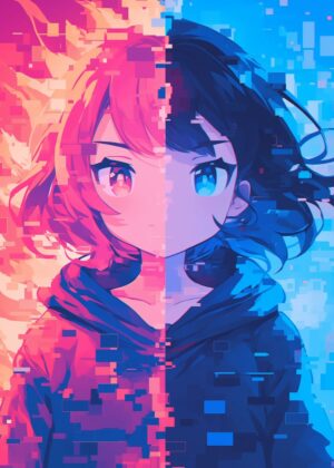 Fire vs. Ice: Anime Girl Digital Art Print - Premium Wooden Framed Poster. Ready to Hang.