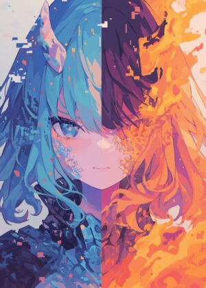 Fire vs Ice: A Duality of Anime Art - Premium Wooden Framed Poster. Ready to Hang.