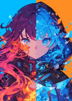 Fire vs. Ice: A Dual-Personality Anime Art Print - Premium Wooden Framed Poster. Ready to Hang.