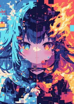 Fire vs Ice: A Digital Art Showdown - Premium Wooden Framed Poster. Ready to Hang.