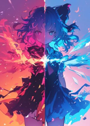 Fire vs Ice: Anime Girl Digital Art Print - Premium Wooden Framed Poster. Ready to Hang.