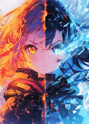 Fiery Opposites: A Dual-Element Anime Art Print - Premium Wooden Framed Poster. Ready to Hang.