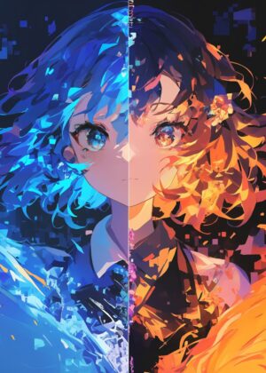 Fire vs Ice: A Dual Anime Art Print - Premium Wooden Framed Poster. Ready to Hang.