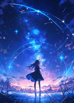Night Sky Anime Girl Wallpaper Art Print - Premium Wooden Framed Poster. Ready to Hang.