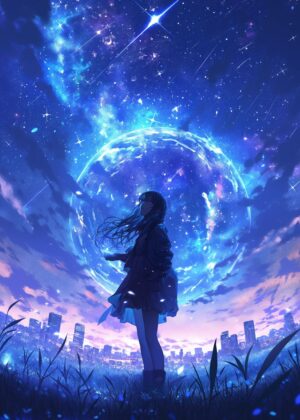 Anime Girl Under a Starry Night Sky - Premium Wooden Framed Poster. Ready to Hang.