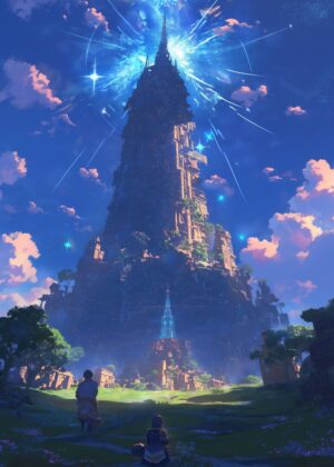 Anime Fantasy Landscape: Celestial Tower - Premium Wooden Framed Poster. Ready to Hang.