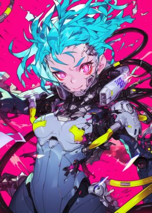 Cyberpunk Anime Girl: Futuristic Digital Art Print - Premium Wooden Framed Poster. Ready to Hang.
