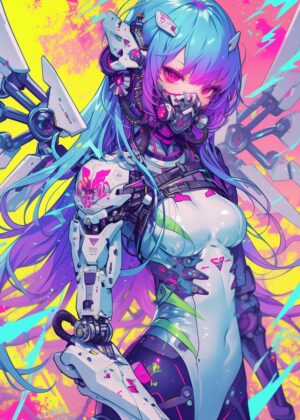 Cyberpunk Anime Girl: Futuristic Art Print - Premium Wooden Framed Poster. Ready to Hang.