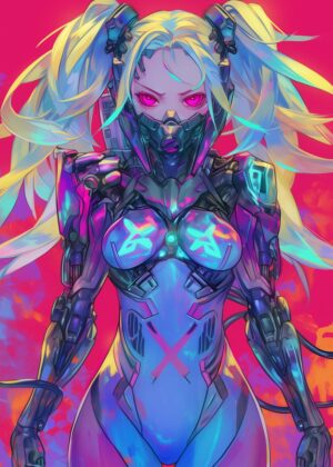 Cyberpunk Anime Girl: Futuristic Digital Art Print - Premium Wooden Framed Poster. Ready to Hang.