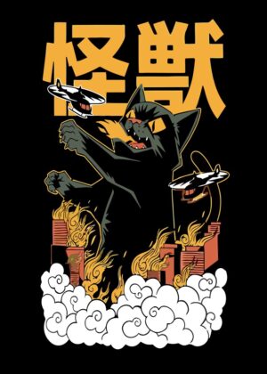 Enraged Anime Cat Wreaking Havoc - Premium Wooden Framed Poster. Ready to Hang.