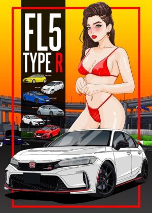 Honda Civic Type R FL5 Artwork: Sexy Anime Girl and JDM Car - Premium Wooden Framed Poster. Ready to Hang.