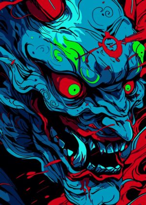 Higan Shinobi: Oni Mask Digital Art Print - Premium Wooden Framed Poster. Ready to Hang.