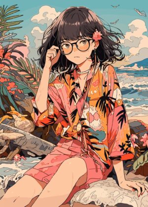 Anime Girl at the Beach: Summer Vibes - Premium Wooden Framed Poster. Ready to Hang.