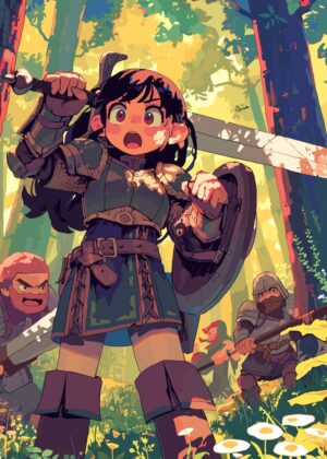 Brave Cartoon Warrior Girl in a Magical Forest - Premium Wooden Framed Poster. Ready to Hang.