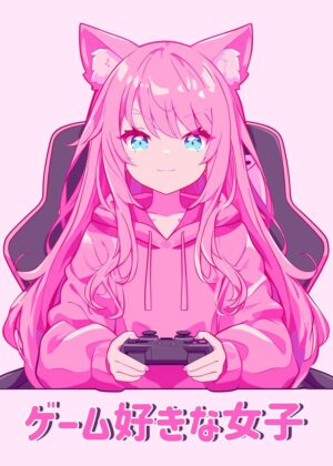 Kawaii Anime Gamer Girl Art Print - Premium Wooden Framed Poster. Ready to Hang.