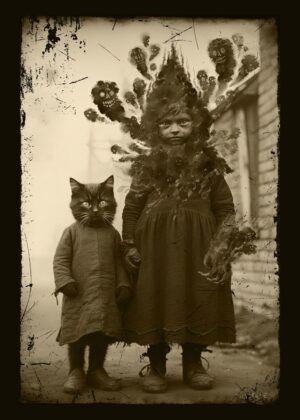 Modern Witches: A Haunting Child and Feline Companion - Premium Wooden Framed Poster. Ready to Hang.
