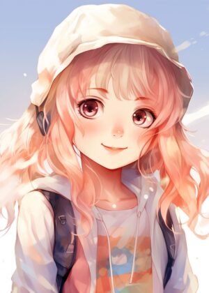 Adorable Anime Girl with Pink Hair - Premium Wooden Framed Poster. Ready to Hang.