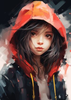 Anime Girl in Red Hoodie: Digital Painting Print - Premium Wooden Framed Poster. Ready to Hang.
