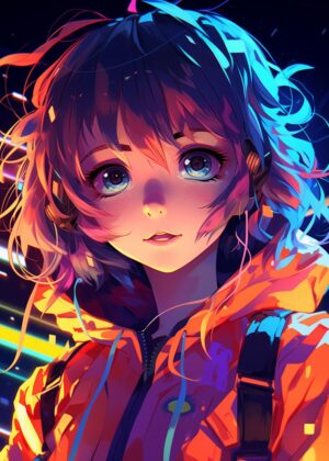 Vibrant Anime Girl Artwork: Neon Dreams - Premium Wooden Framed Poster. Ready to Hang.