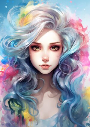Dreamy Anime Girl with Flowing Blue Hair - Premium Wooden Framed Poster. Ready to Hang.