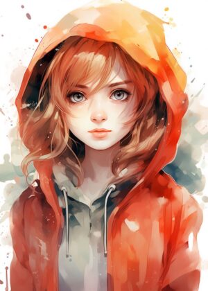Anime Girl in Red Hoodie: Watercolor Digital Art Print - Premium Wooden Framed Poster. Ready to Hang.
