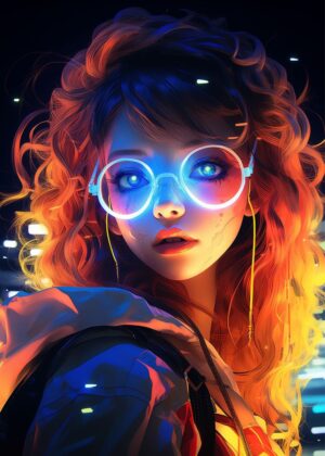 Cyberpunk Anime Girl: Neon Dreams - Premium Wooden Framed Poster. Ready to Hang.