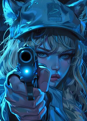 Neon Gun Anime Girl Art Print - Premium Wooden Framed Poster. Ready to Hang.