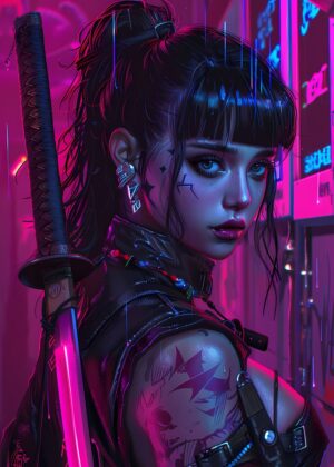 Neon Cyberpunk Samurai Girl Art Print - Premium Wooden Framed Poster. Ready to Hang.