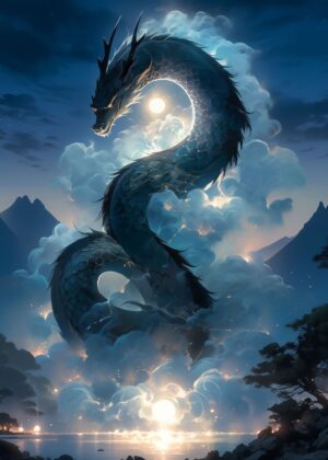 Japanese Dragon in Moonlight: Celestial Art Print - Premium Wooden Framed Poster. Ready to Hang.