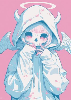 Pastel Goth Skull Angel Art Print - Premium Wooden Framed Poster. Ready to Hang.